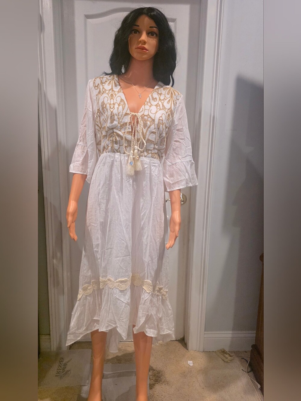 White Midi Dress with Gold Embroidered Bodice